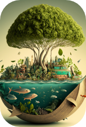 Imagem estática mostrando um ecossistema funcionando perfeitamente, com uma árvore florida e peixes em um lago, ao lado de um prédio